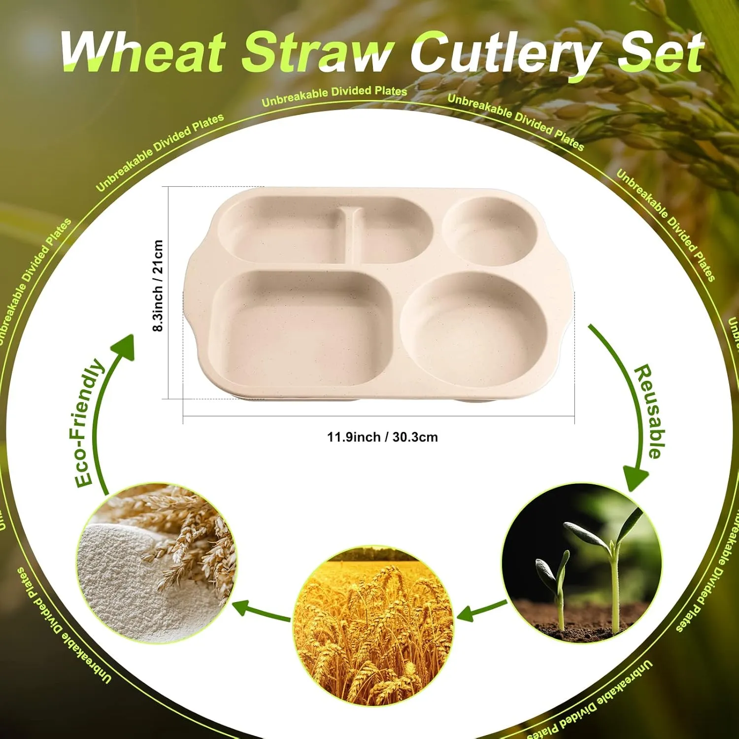 Tanglade 8 Pcs Divided 12" Compartment Plates - Wheat Straw Toddlers Lunch Trays for Adults, Microwave & Dishwasher Safe (Beige)
