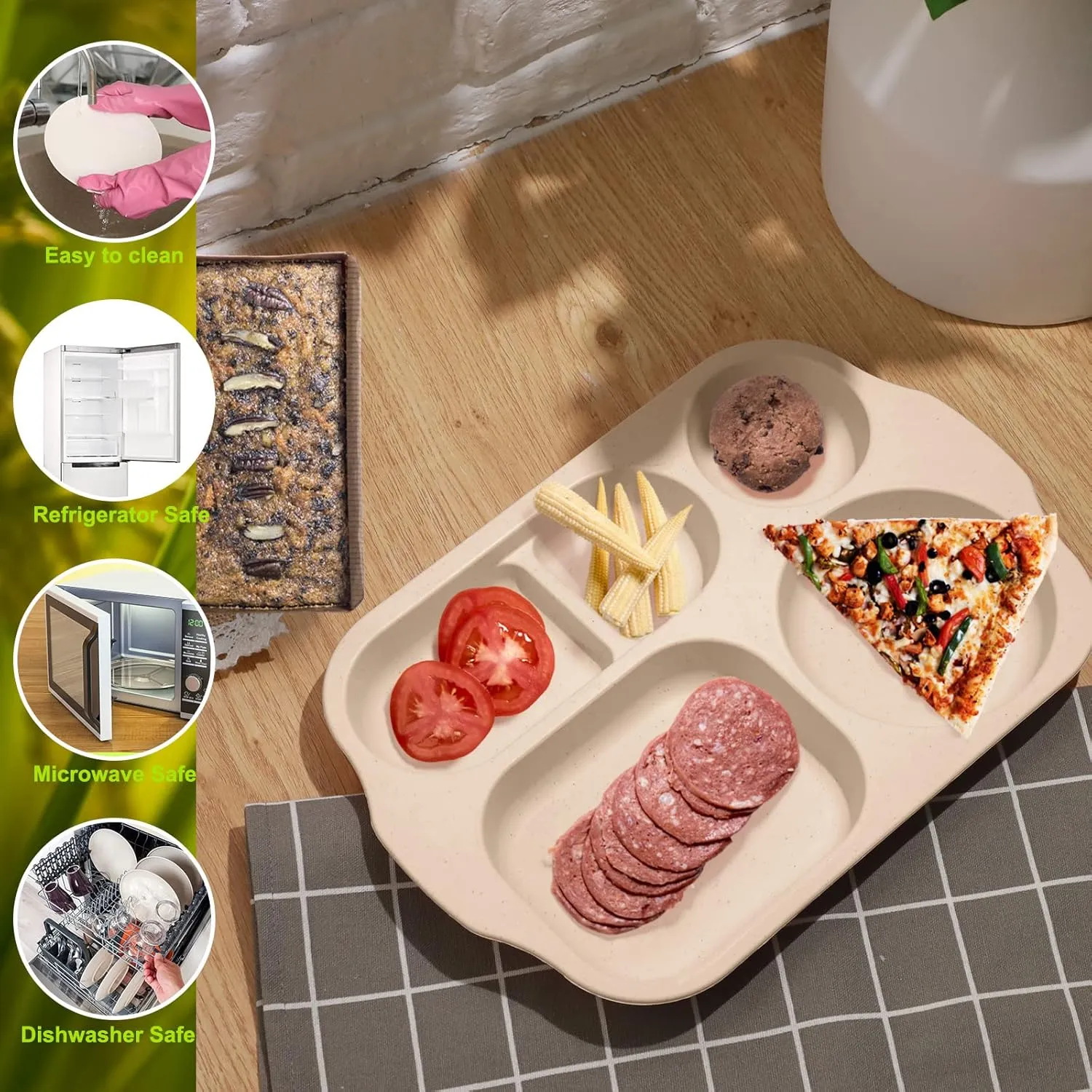 Tanglade 8 Pcs Divided 12" Compartment Plates - Wheat Straw Toddlers Lunch Trays for Adults, Microwave & Dishwasher Safe (Beige)