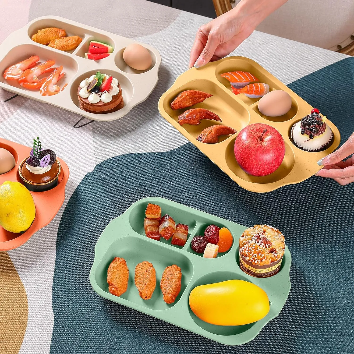 Tankade Unbreakable Large 12 Inch Section Plates - 5 Compartment Toddler & Adult Microwave & Dishwasher Safe Wheat Straw Plates