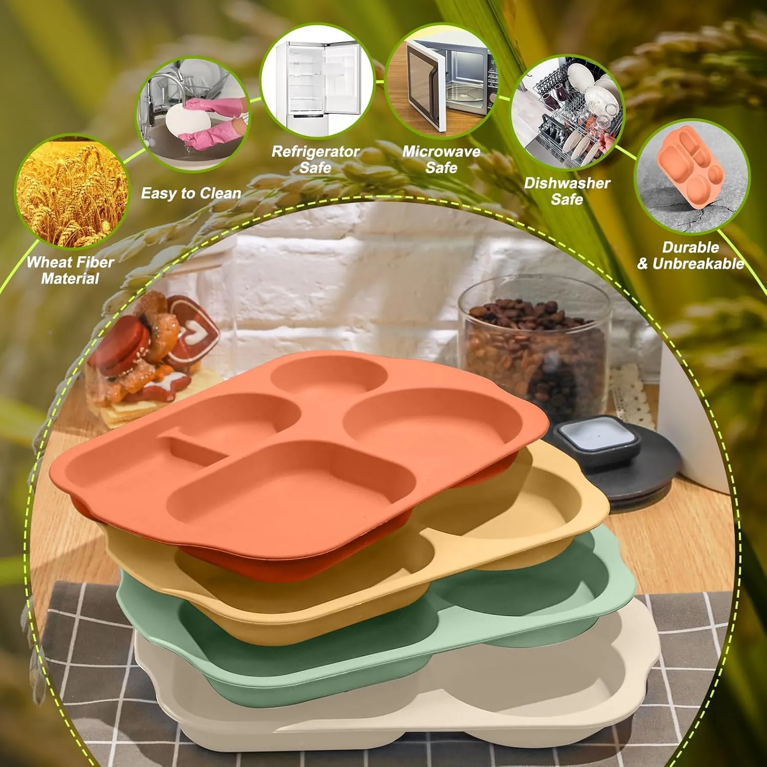Tankade Unbreakable Large 12 Inch Section Plates - 5 Compartment Toddler & Adult Microwave & Dishwasher Safe Wheat Straw Plates