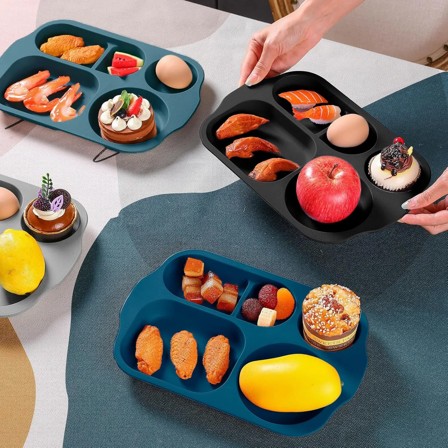 Tanlade 8 Pcs Large 12 Inch Unbreakable Divided Plates Section Plates Food Tray 5 Compartment Plates Wheat Straw Toddlers Lunch Trays for Adult Microwave Dishwasher Safe(Retro Colors)
