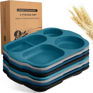 Tanlade 8 Pcs Large 12 Inch Unbreakable Divided Plates Section Plates Food Tray 5 Compartment Plates Wheat Straw Toddlers Lunch Trays for Adult Microwave Dishwasher Safe(Retro Colors)
