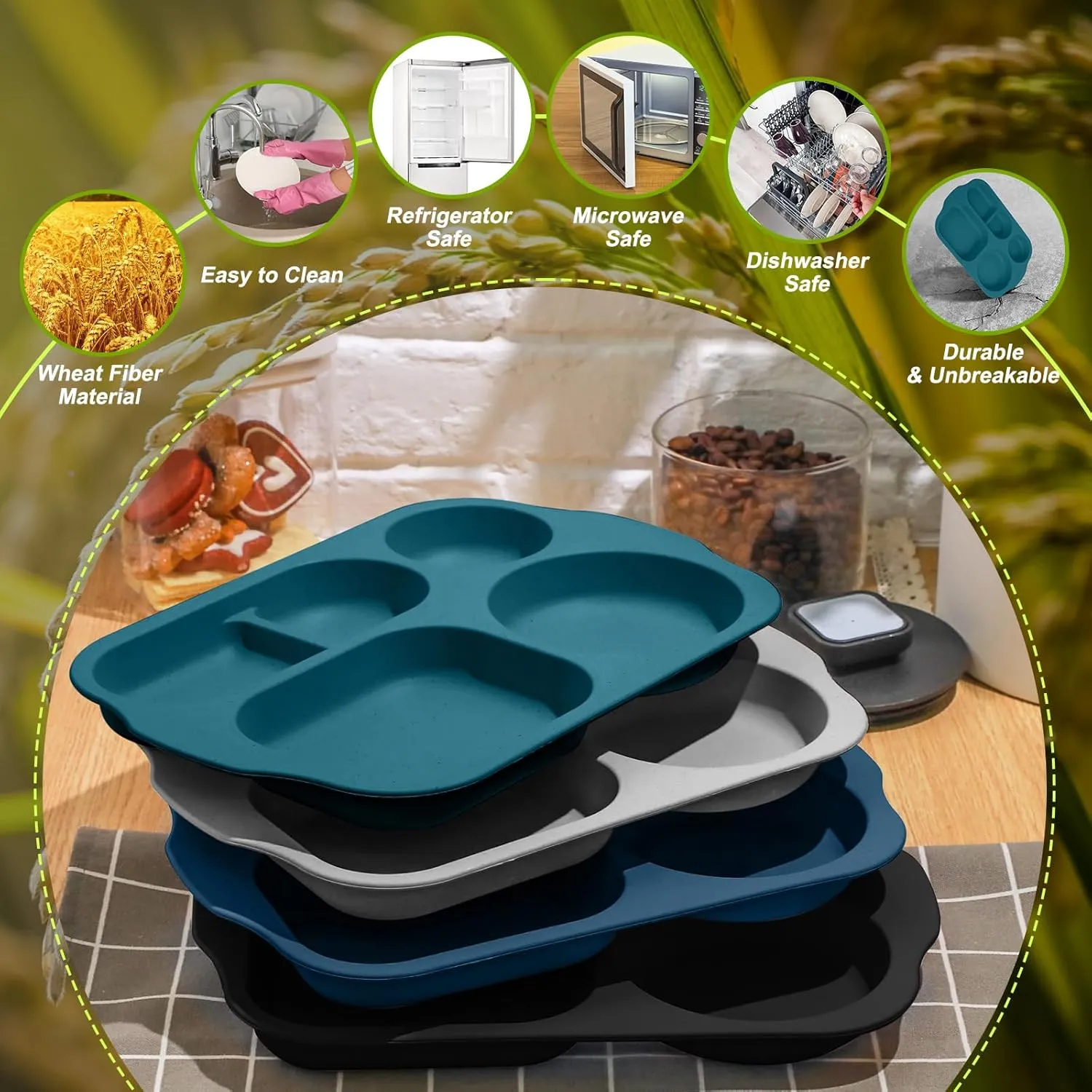 Tanlade 8 Pcs Large 12 Inch Unbreakable Divided Plates Section Plates Food Tray 5 Compartment Plates Wheat Straw Toddlers Lunch Trays for Adult Microwave Dishwasher Safe(Retro Colors)