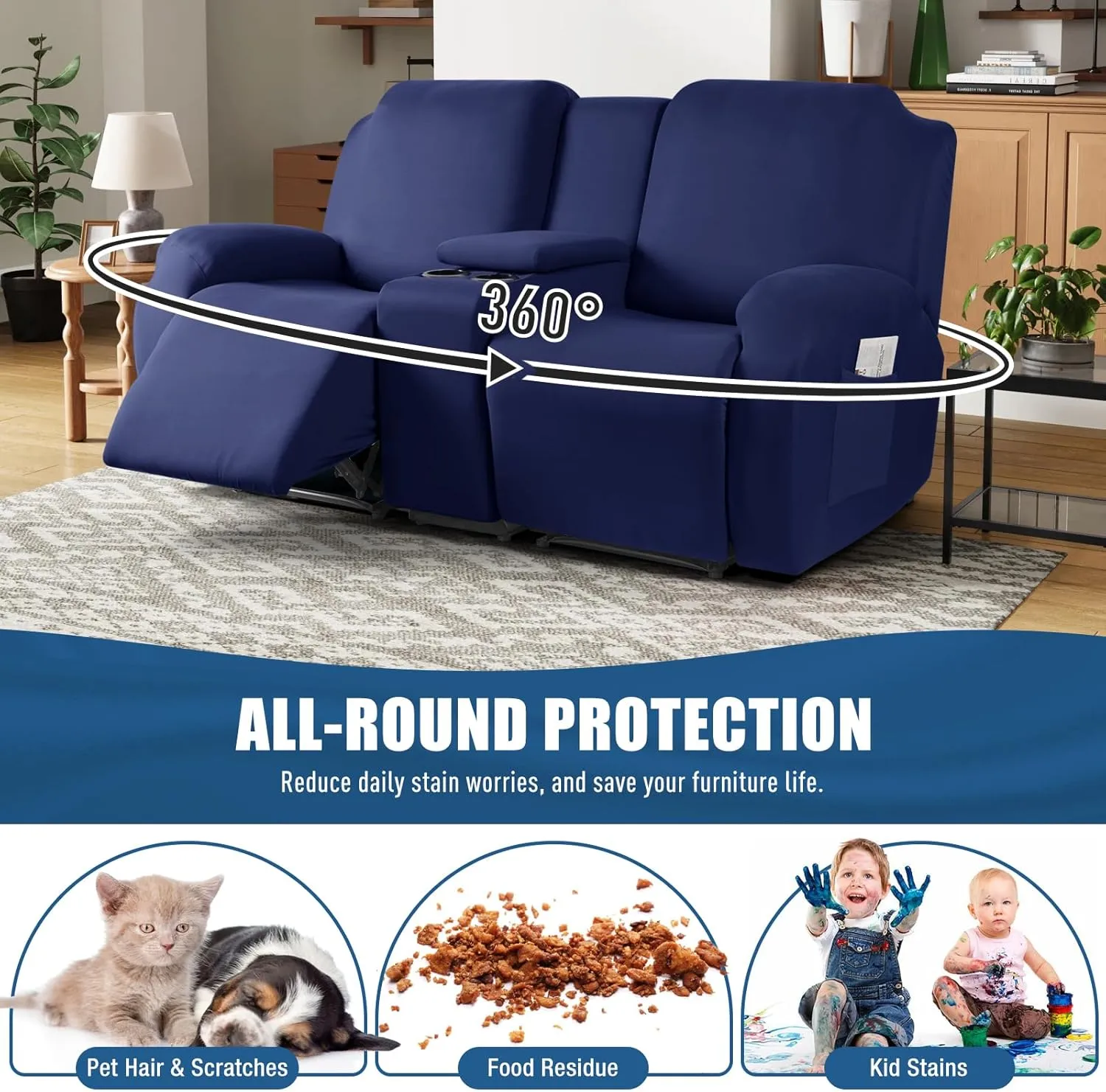 TAOCOCO Recliner Loveseat Cover with Middle Console 4 Pieces Recliner Sofa Cover Polyester Fabric Stretch Loveseat Reclining Sofa Covers, Washable (Dark Blue, 2 Seat Recliner Cover with Console)