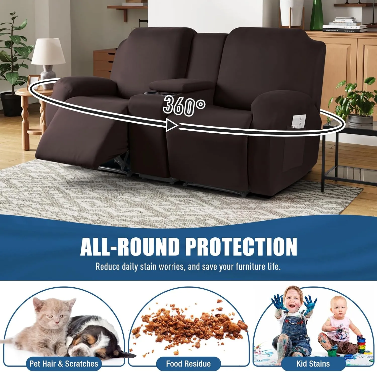 TAOCOCO Reclining Loveseat with Middle Console Slipcover, 4 Piece Polyester Fabric Stretch Loveseat Reclining Sofa Covers (Coffee, 2 Seat Recliner Cover with Console)