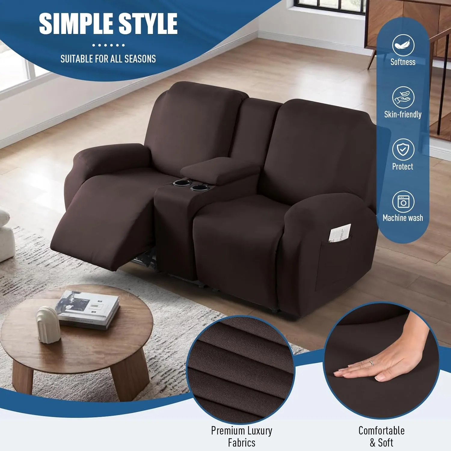 TAOCOCO Reclining Loveseat with Middle Console Slipcover, 4 Piece Polyester Fabric Stretch Loveseat Reclining Sofa Covers (Coffee, 2 Seat Recliner Cover with Console)