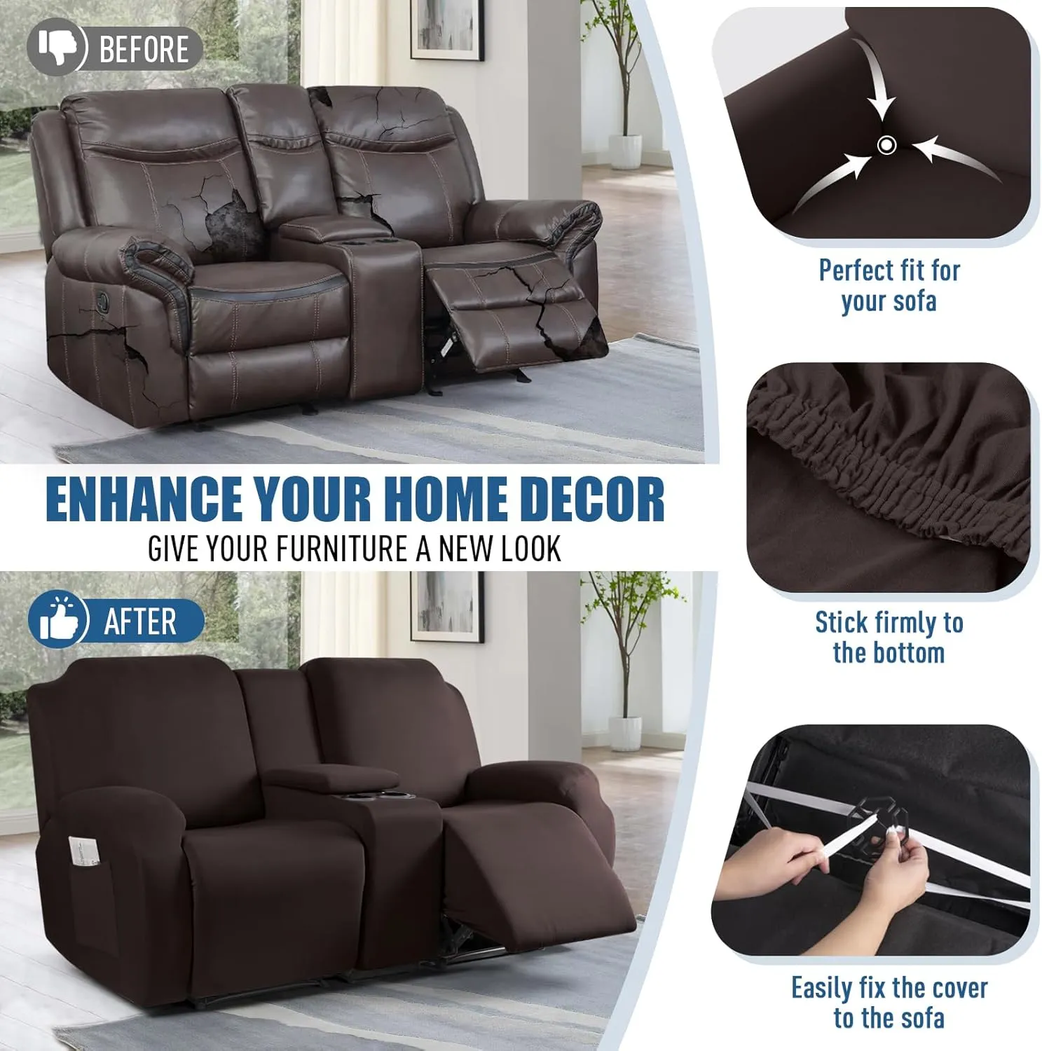 TAOCOCO Reclining Loveseat with Middle Console Slipcover, 4 Piece Polyester Fabric Stretch Loveseat Reclining Sofa Covers (Coffee, 2 Seat Recliner Cover with Console)