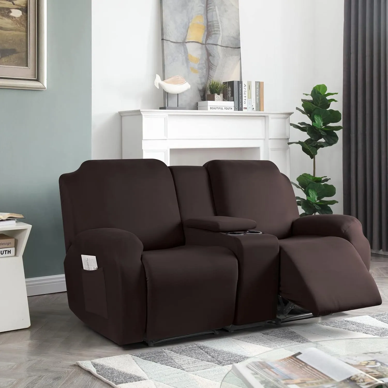 TAOCOCO Reclining Loveseat with Middle Console Slipcover, 4 Piece Polyester Fabric Stretch Loveseat Reclining Sofa Covers (Coffee, 2 Seat Recliner Cover with Console)