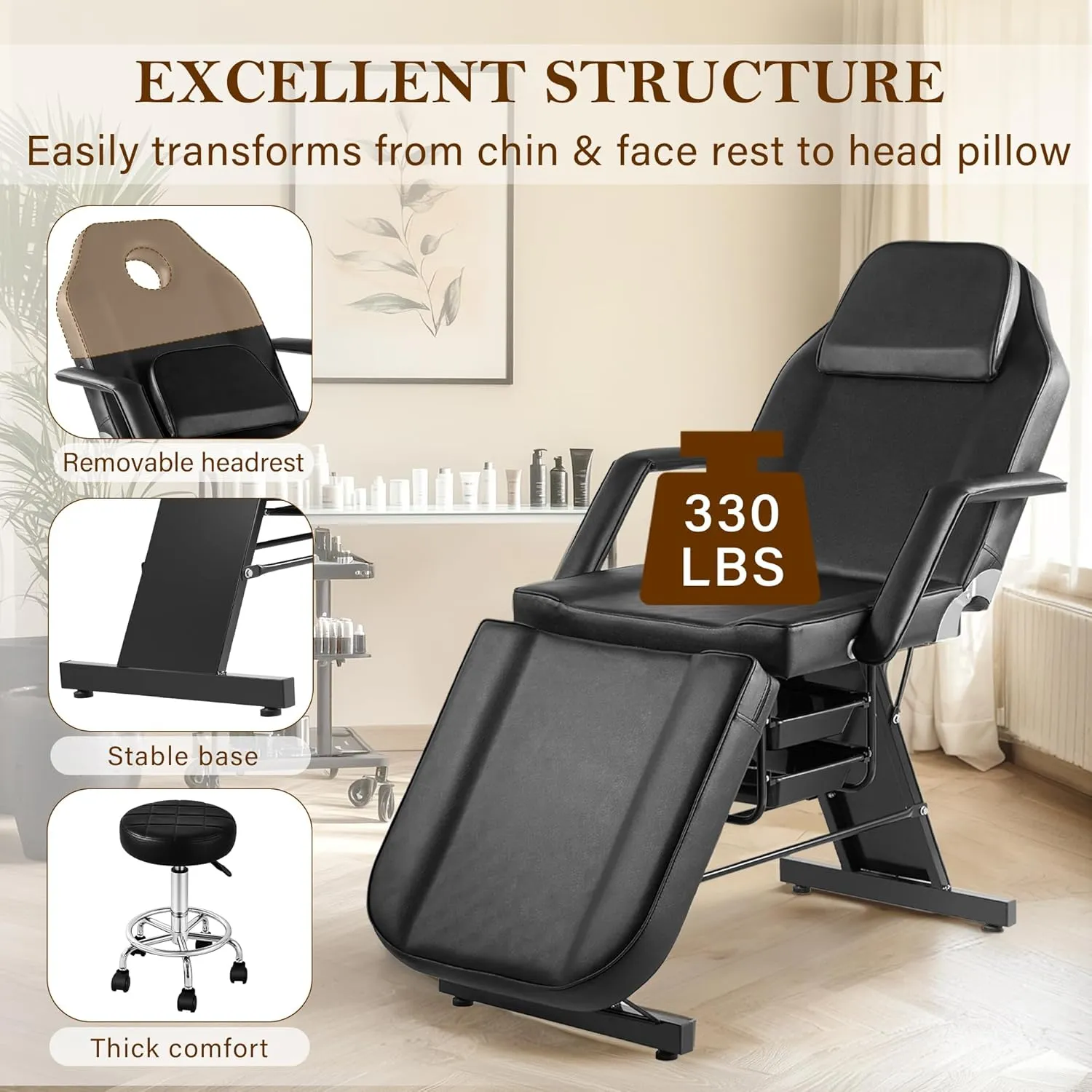 Tattoo Chair for Client, Facial Beds for Esthetician with Hydraulic Stool, Black Tilting Tattoo Artist Chair Adjustable Backrest Massage Table Spa Lash Beds Beauty 2-Trays, Black