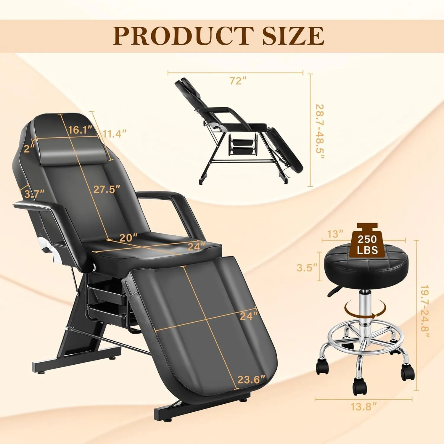 Tattoo Chair for Client, Facial Beds for Esthetician with Hydraulic Stool, Black Tilting Tattoo Artist Chair Adjustable Backrest Massage Table Spa Lash Beds Beauty 2-Trays, Black