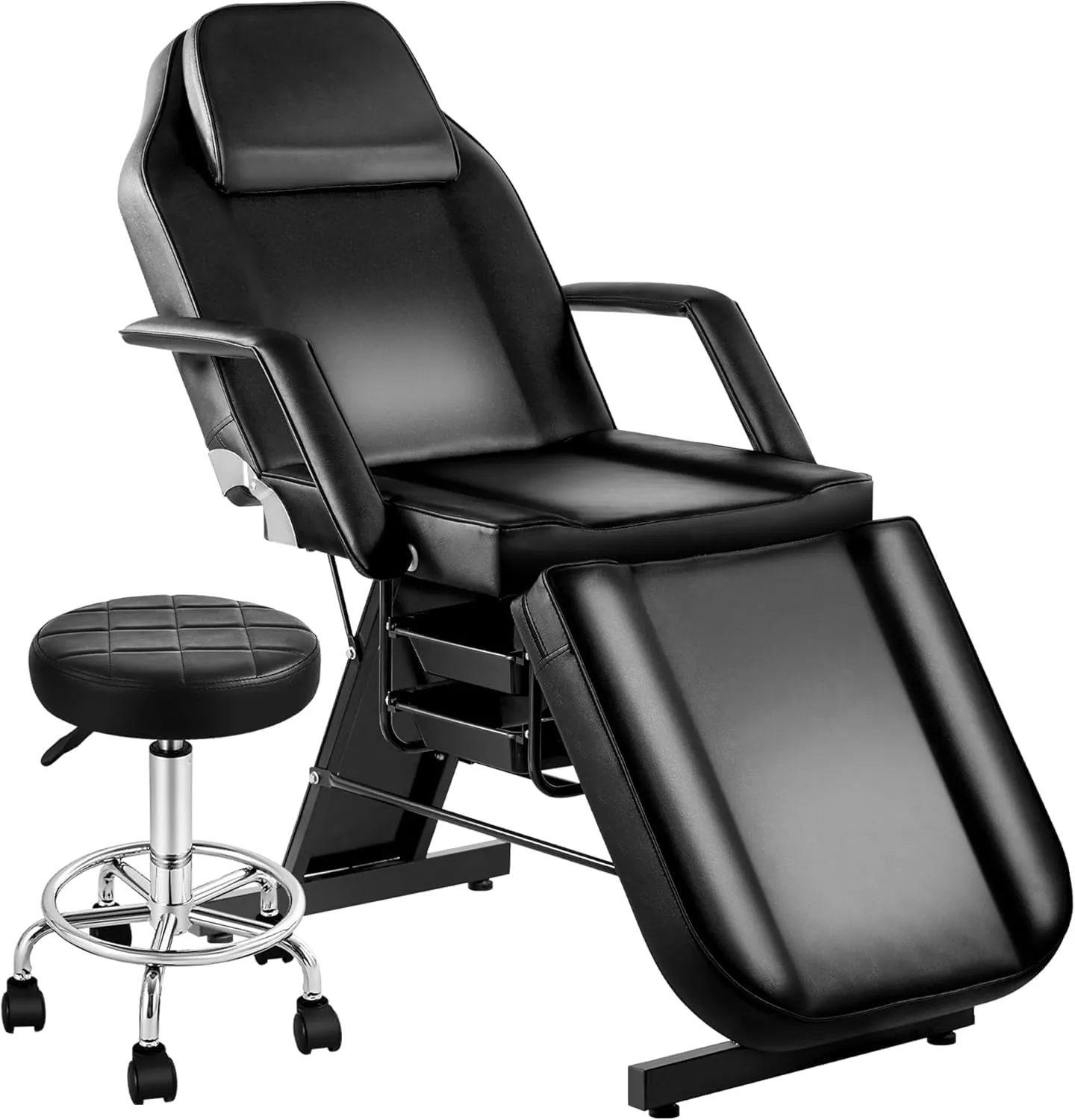 Tattoo Chair for Client, Facial Beds for Esthetician with Hydraulic Stool, Black Tilting Tattoo Artist Chair Adjustable Backrest Massage Table Spa Lash Beds Beauty 2-Trays, Black