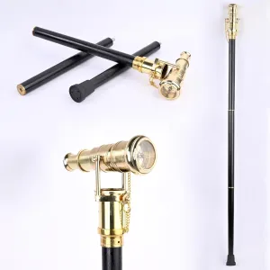 Telescope Walking Stick Compass Handle on Top Costume Wooden Cane Foldable Rosewood Stick Steampunk Style (Polished Brass)