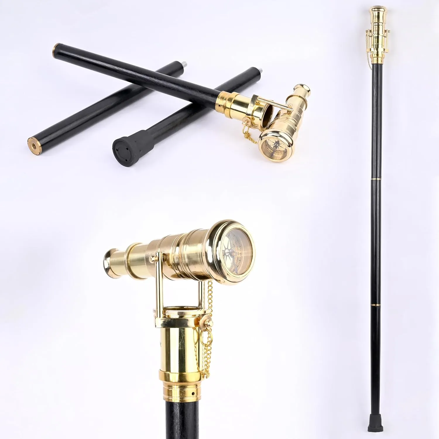 Telescope Walking Stick Compass Handle on Top Costume Wooden Cane Foldable Rosewood Stick Steampunk Style (Polished Brass)