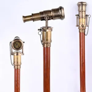 Telescope Walking Stick Compass on Handle's Top Costume Wooden Cane Foldable Wood Stick Steampunk Style (Brass Antique)