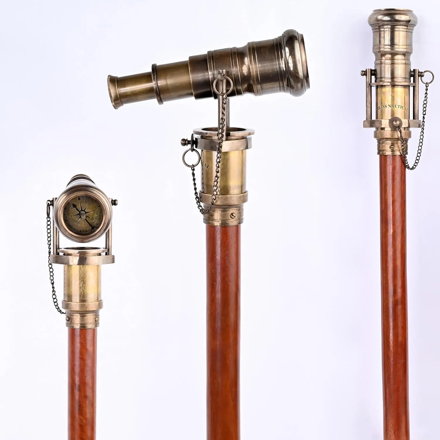 Telescope Walking Stick Compass on Handle's Top Costume Wooden Cane Foldable Wood Stick Steampunk Style (Brass Antique)