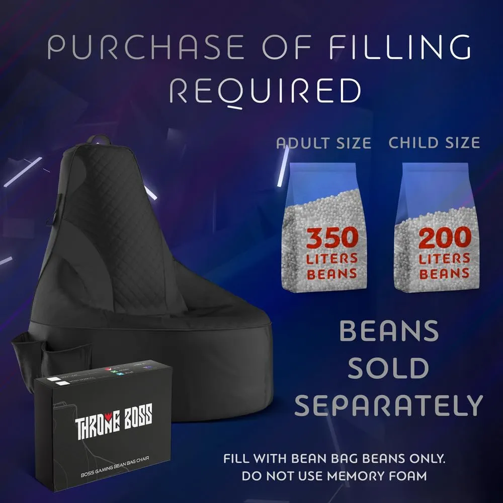 Throne Boss Gaming Bean Bag Chair for Kids [Cover ONLY No Filling] - High Back Beanbag for Boys, Girls, and Gamers with Cup Holder (Black/Black)