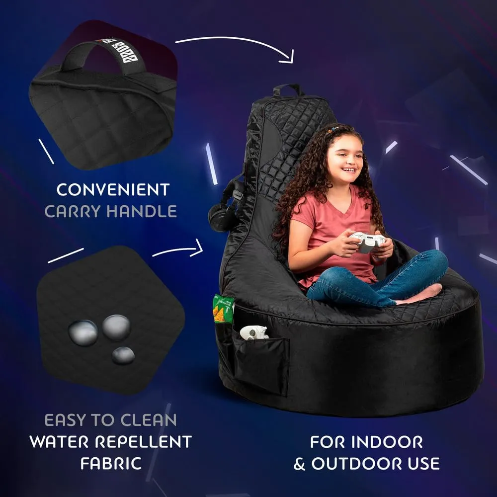 Throne Boss Gaming Bean Bag Chair for Kids [Cover ONLY No Filling] - High Back Beanbag for Boys, Girls, and Gamers with Cup Holder (Black/Black)