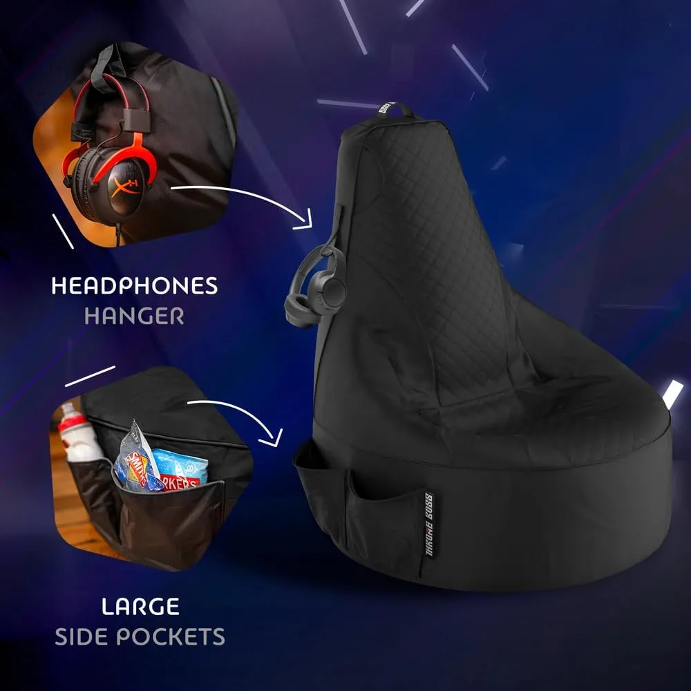 Throne Boss Gaming Bean Bag Chair for Kids [Cover ONLY No Filling] - High Back Beanbag for Boys, Girls, and Gamers with Cup Holder (Black/Black)