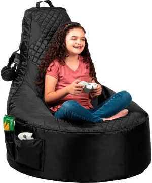 Throne Boss Gaming Bean Bag Chair for Kids [Cover ONLY No Filling] - High Back Beanbag for Boys, Girls, and Gamers with Cup Holder (Black/Black)