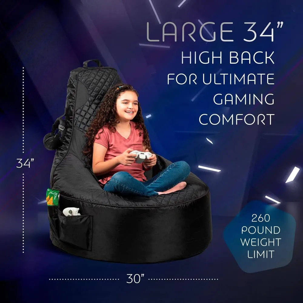 Throne Boss Gaming Bean Bag Chair for Kids [Cover ONLY No Filling] - High Back Beanbag for Boys, Girls, and Gamers with Cup Holder (Black/Black)