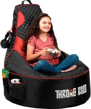 Throne Boss Gaming Bean Bag Chair for Kids [Cover ONLY No Filling] - High Back Beanbag for Boys, Girls, and Gamers with Cup Holder (Black/Red)