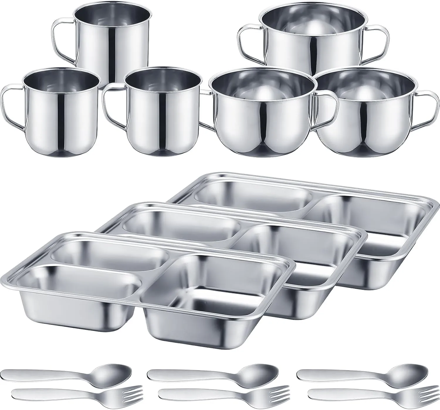 Tioncy 15 Pcs Stainless Steel Kids Dinnerware Set Stainless Steel Divided Plates Cups Bowls Forks and Spoons 3 Compartment Plate Dinner Dish for Babies, Toddlers and Kids Eating Food