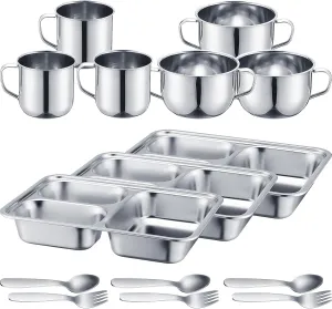 Tioncy 15 Pcs Stainless Steel Kids Dinnerware Set Stainless Steel Divided Plates Cups Bowls Forks and Spoons 3 Compartment Plate Dinner Dish for Babies, Toddlers and Kids Eating Food