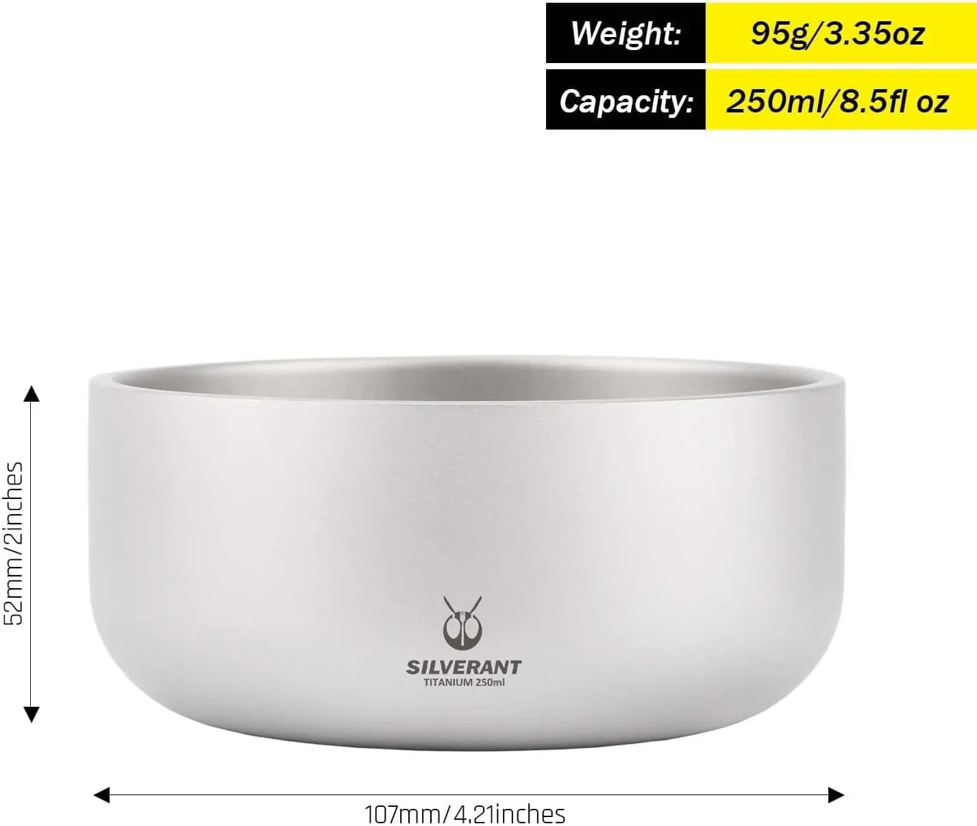 Titanium Double Walled Bowl Oatmeal Rice Soup Yogurt Bowl Ultralight Portable Tableware Outdoor Camping Double-Wall Backcountry Bowl-250ml