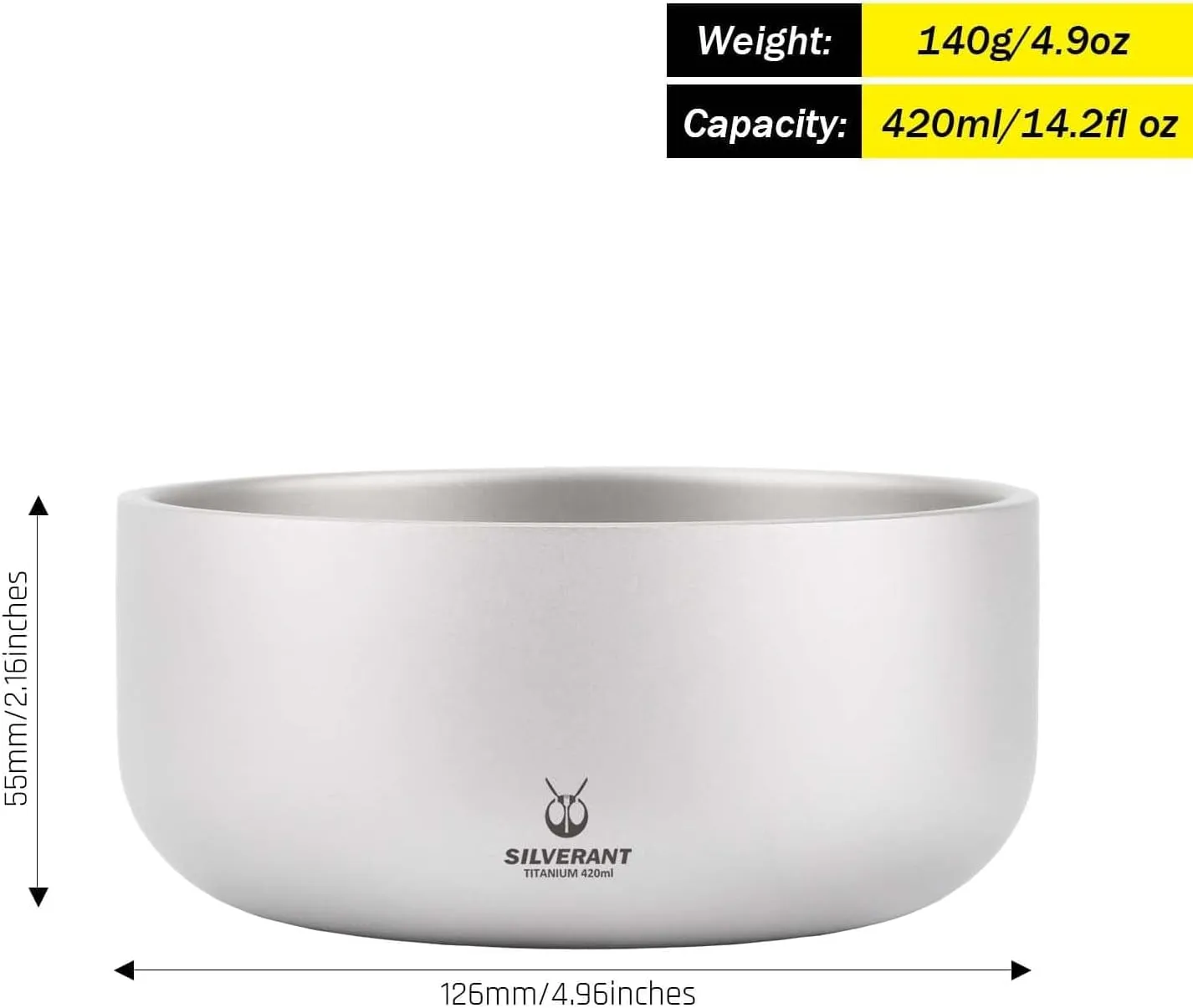 Titanium Double Walled Bowl Oatmeal Rice Soup Yogurt Doshware Ultralight Portable Tableware Outdoor Camping Double-Wall Backcountry Bowl- 420ml