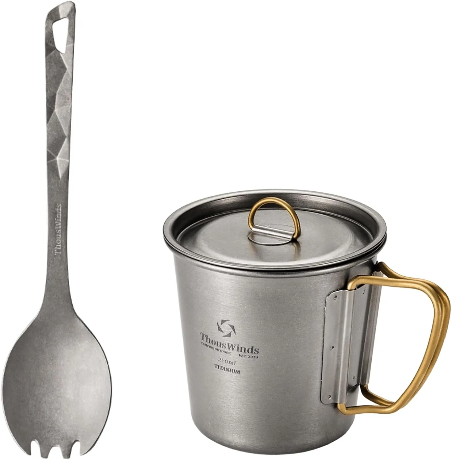 Titanium Mug & Spork Set, Lightweight Camping Flatware, Portable Tableware for Outdoor Backpacking Hiking Picnic