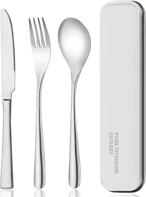 titanium tableware set, travel tableware with box, including titanium fork, knife and spoon, in a suitcase, portable design, suitable for school, work, picnic, camping use