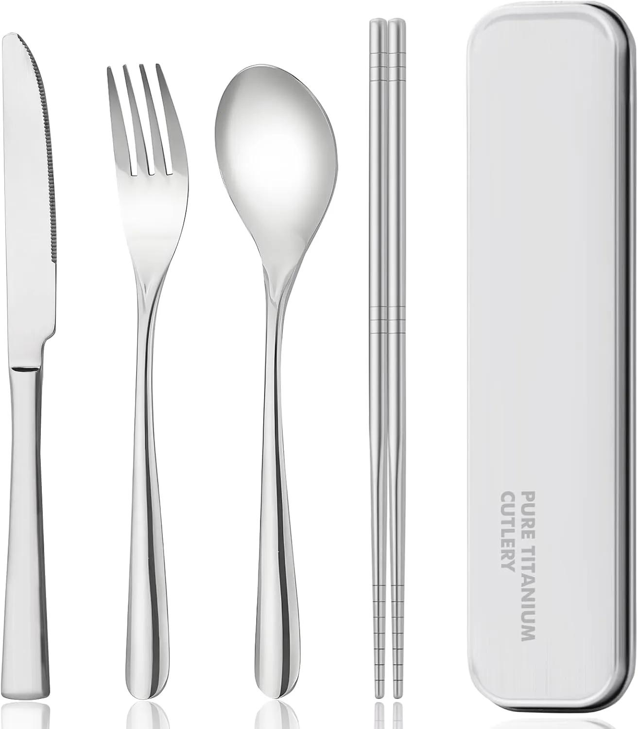 titanium tableware set, travel tableware with box, including titanium fork, knife, chopsticks and spoon, packed in a suitcase, portable design, suitable for school, work, picnic, camping use