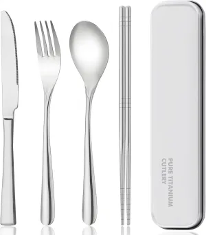 titanium tableware set, travel tableware with box, including titanium fork, knife, chopsticks and spoon, packed in a suitcase, portable design, suitable for school, work, picnic, camping use