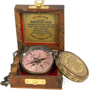to My Son Engraved Brass Compass with Wooden Box | Gift for Son & Grandson | Graduation, Birthday, Baptism, Confirmation & First Communion Keepsake