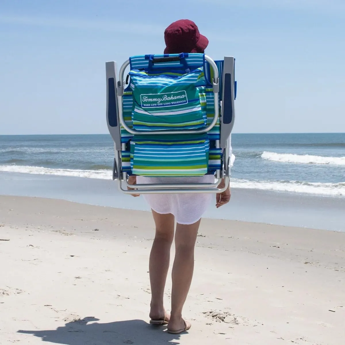 Tommy Bahama 5 Position Beach Chair, Zippered Insulated Cargo Pouch, Cup and Cell Phone Holders, Towel Bar, Pillow for Extra Comfort, Heavy-Duty Weight Capacity, 2-Pack (Aqua Stripes)