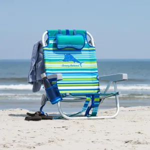 Tommy Bahama 5 Position Beach Chair, Zippered Insulated Cargo Pouch, Cup and Cell Phone Holders, Towel Bar, Pillow for Extra Comfort, Heavy-Duty Weight Capacity, 2-Pack (Aqua Stripes)