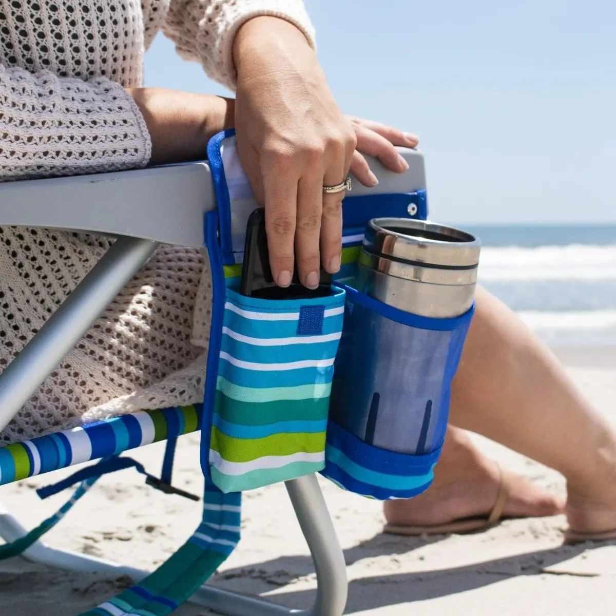 Tommy Bahama 5 Position Beach Chair, Zippered Insulated Cargo Pouch, Cup and Cell Phone Holders, Towel Bar, Pillow for Extra Comfort, Heavy-Duty Weight Capacity, 2-Pack (Aqua Stripes)