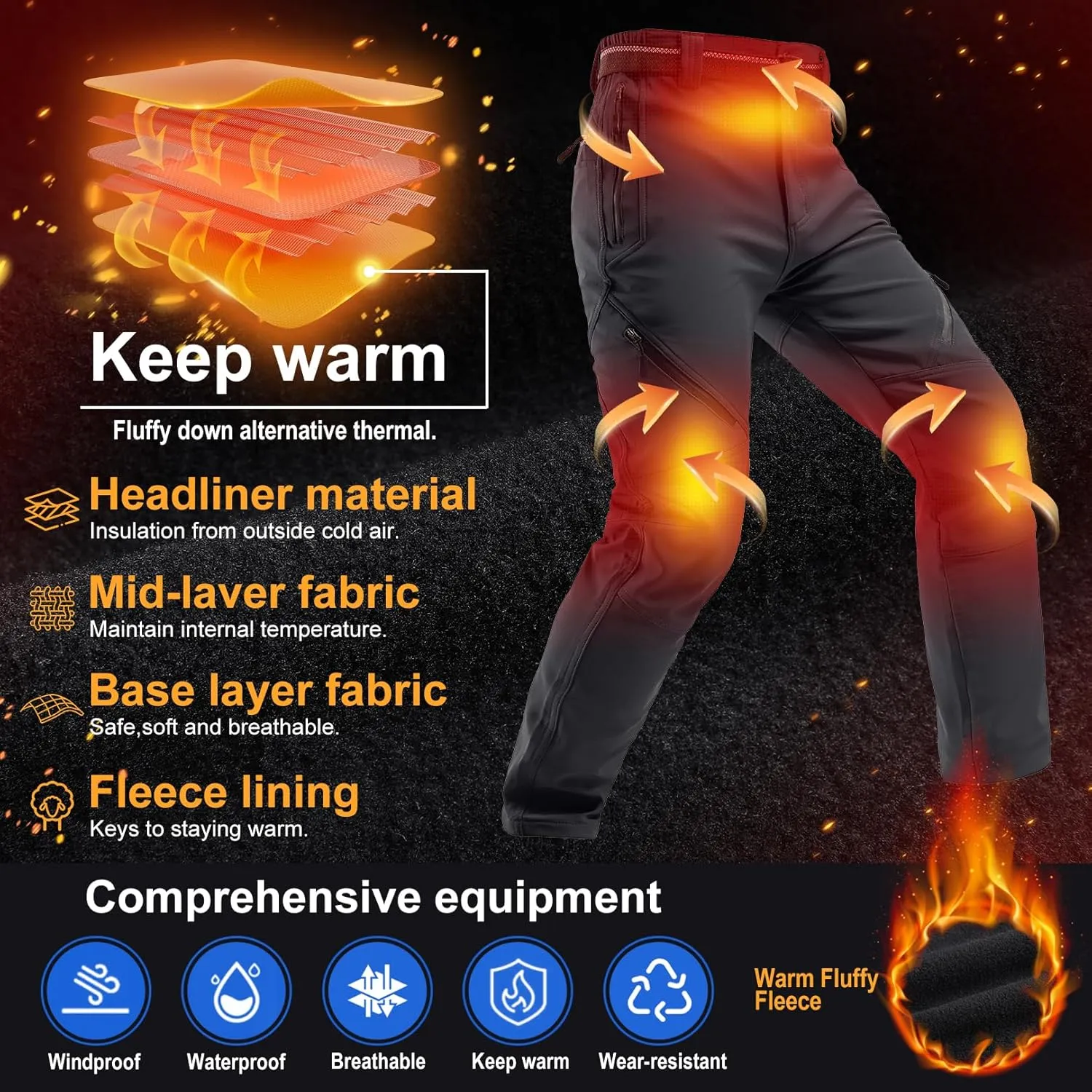 Toomett Snow pants men ski waterproof Hiking Insulated Fleece Lined winter Outdoor softshell cargo pants