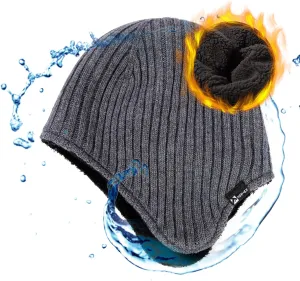 TOP-EX Oversized XL/XXL Merino Wool Blend Waterproof Earflap Beanie Fleece Lined Hat Winter Skull Cap