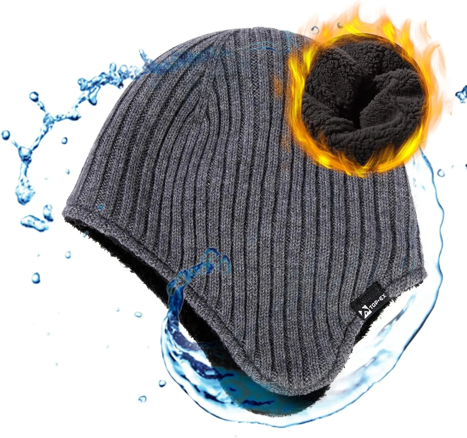 TOP-EX Oversized XL/XXL Merino Wool Blend Waterproof Earflap Beanie Fleece Lined Hat Winter Skull Cap