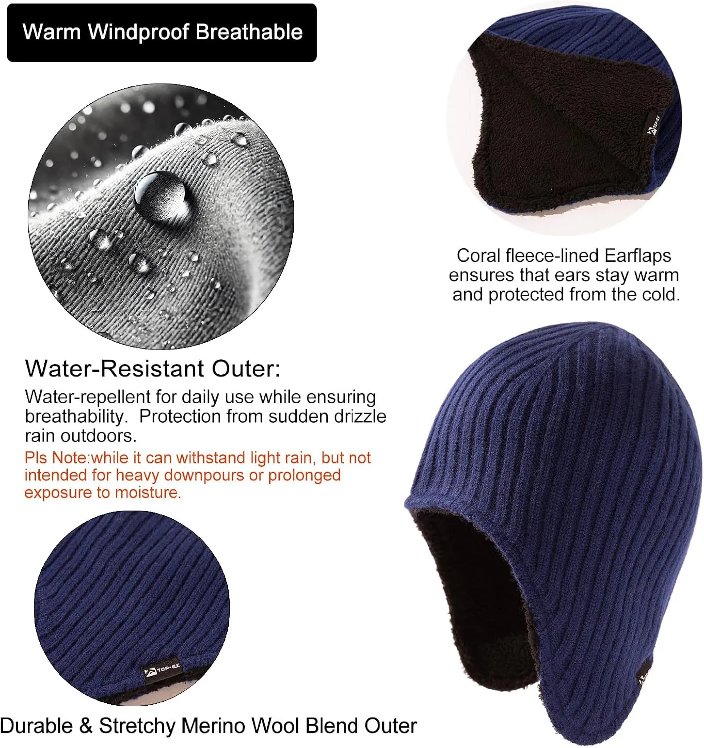 TOP-EX Oversized XL/XXL Merino Wool Blend Waterproof Earflap Beanie Fleece Lined Hat Winter Skull Cap