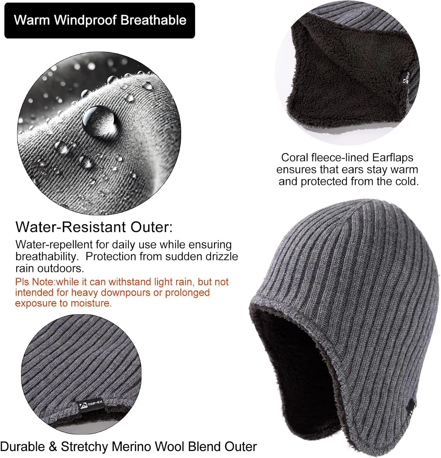 TOP-EX Oversized XL/XXL Merino Wool Blend Waterproof Earflap Beanie Fleece Lined Hat Winter Skull Cap