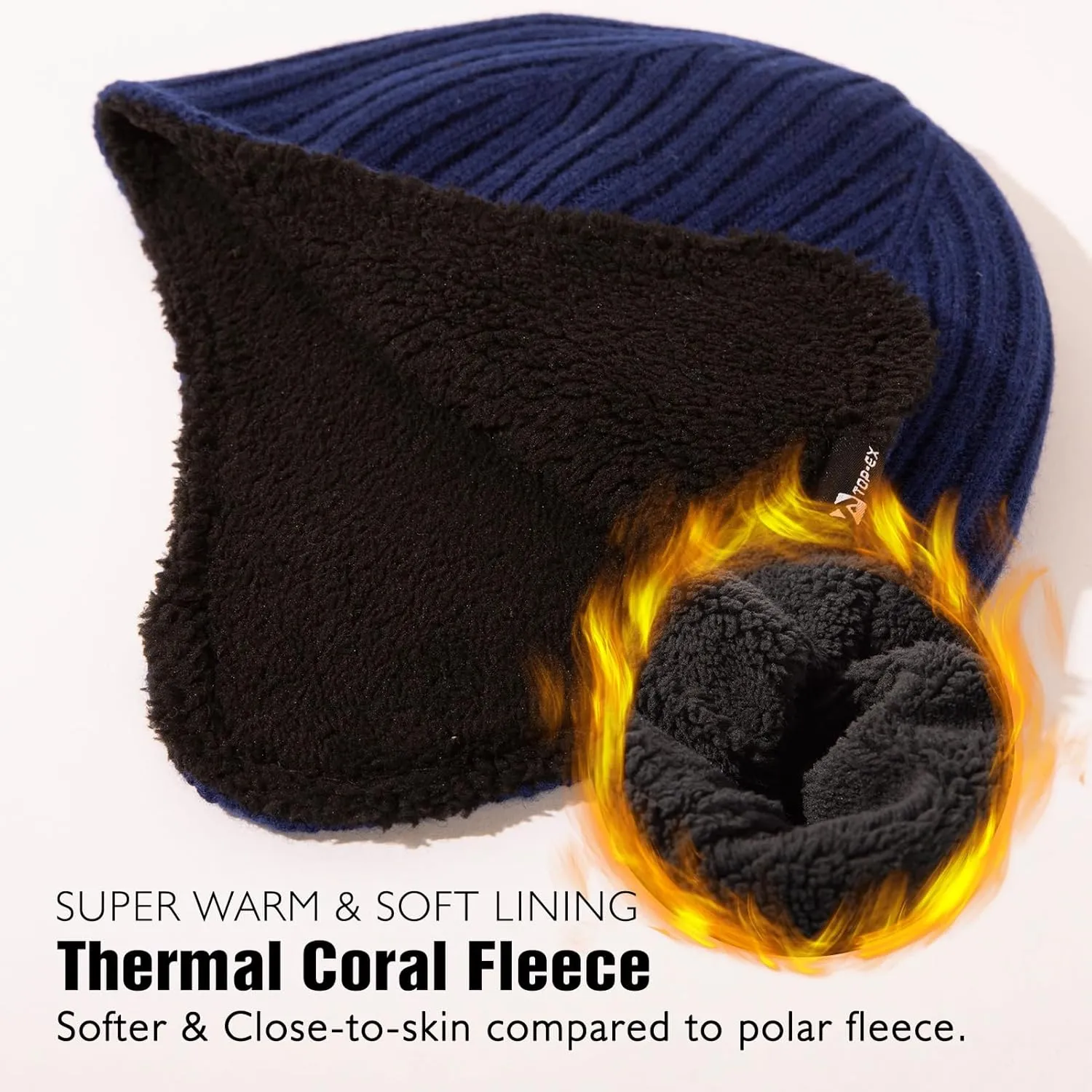 TOP-EX Oversized XL/XXL Merino Wool Blend Waterproof Earflap Beanie Fleece Lined Hat Winter Skull Cap