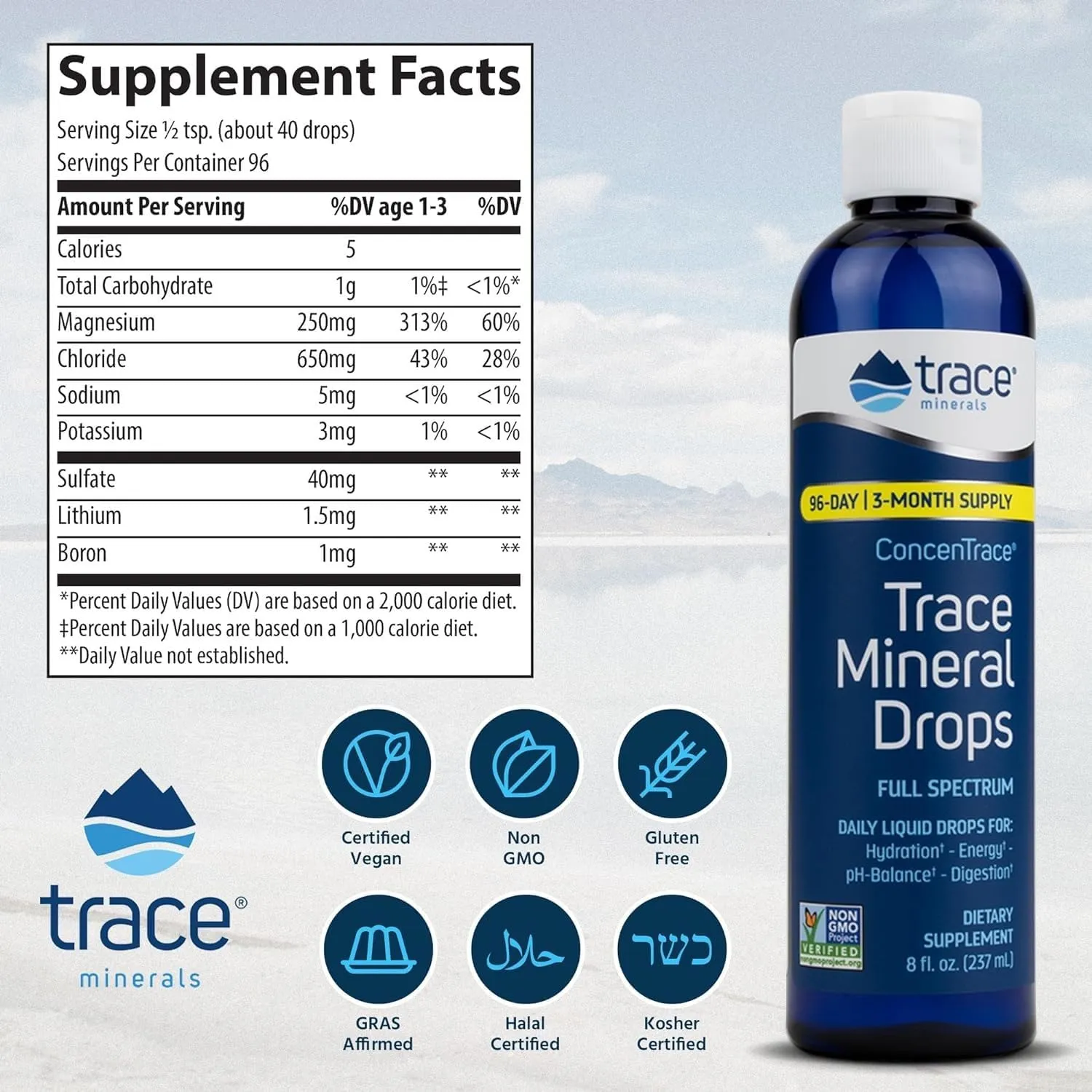 Trace Minerals ConcenTrace Drops | Full Spectrum Minerals | Ionic Liquid Magnesium, Chloride, Potassium | Low Sodium | Energy, Electrolytes, Hydration | 288 Day Supply, 8 fl oz (Pack of 3)