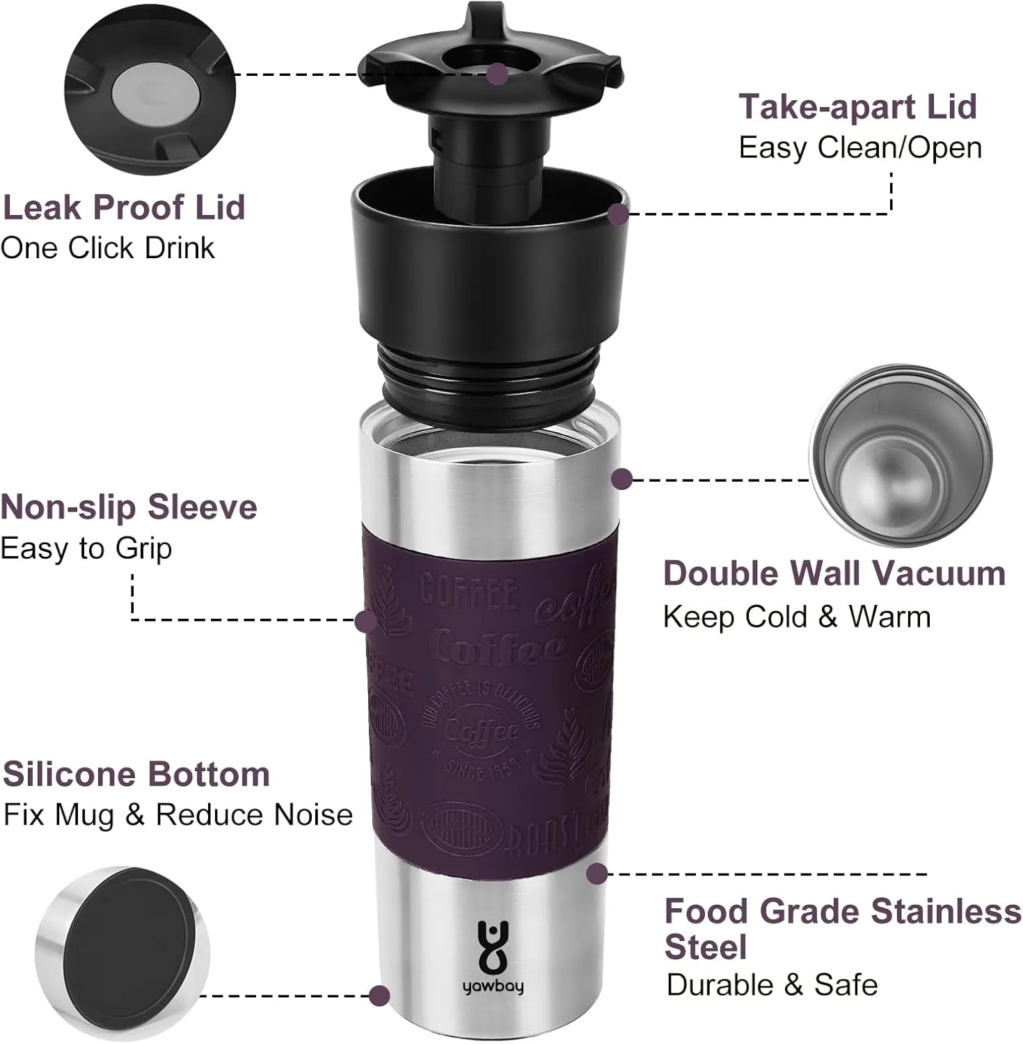 Travel Coffee Mug Spill Proof,17 Oz Travel Mug with 360°Drinking Lid,Double Wall Vacuum Insulated Coffee Travel Mug Stainless Steel Tumbler Thermal Coffee Mugs for Hot and Cold Drinks(Purple)