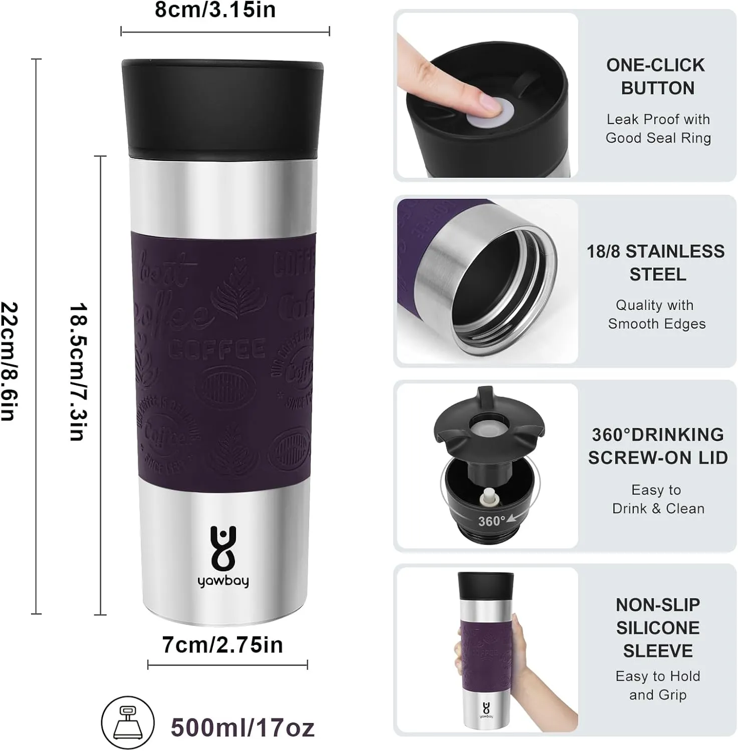 Travel Coffee Mug Spill Proof,17 Oz Travel Mug with 360°Drinking Lid,Double Wall Vacuum Insulated Coffee Travel Mug Stainless Steel Tumbler Thermal Coffee Mugs for Hot and Cold Drinks(Purple)