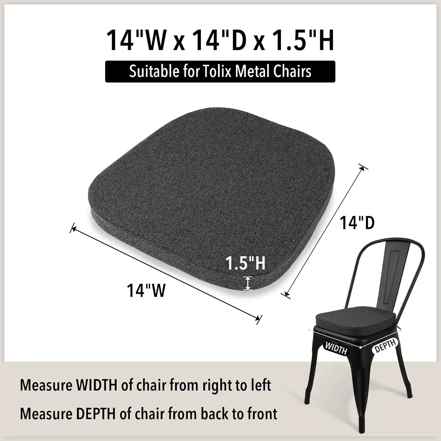 Tromlycs 14x14 Metal Chair Cushions Pads Set of 2 for Tolix Metal Chairs Small Seat Cushions 14 inch Black Gray