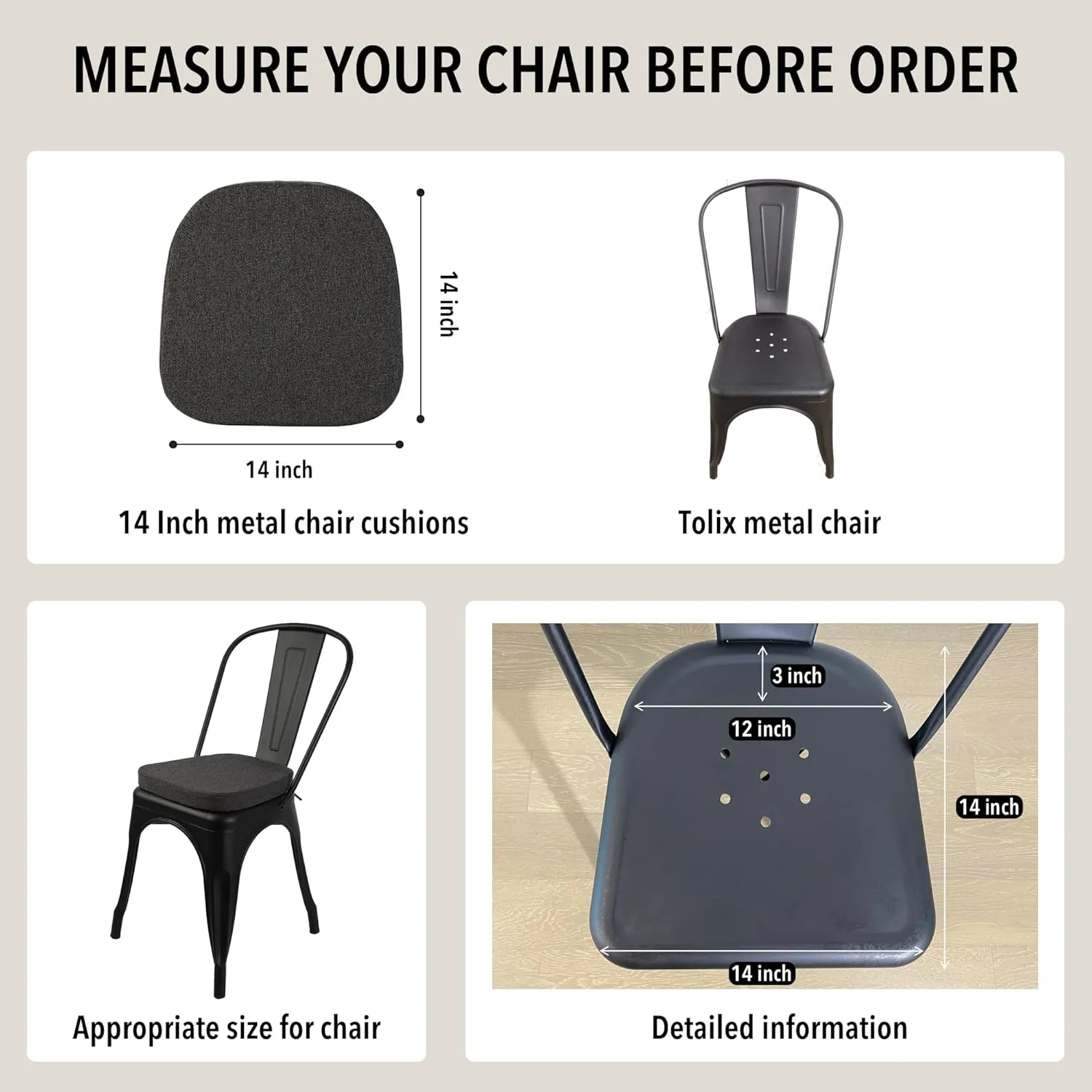Tromlycs 14x14 Metal Chair Cushions Pads Set of 2 for Tolix Metal Chairs Small Seat Cushions 14 inch Black Gray