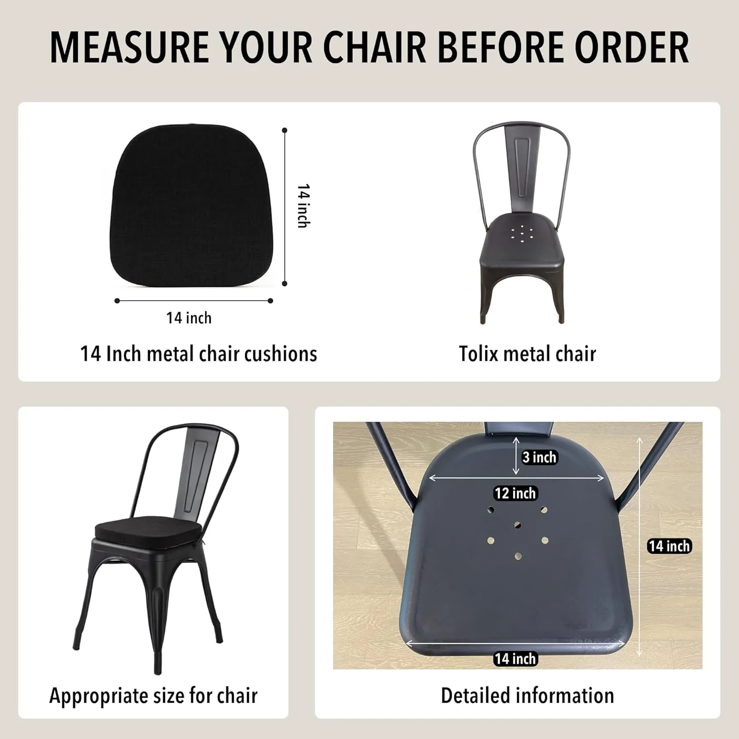 Tromlycs 14x14 Metal Chair Cushions Pads Set of 2 for Tolix Metal Chairs Small Seat Cushions 14 inch Black