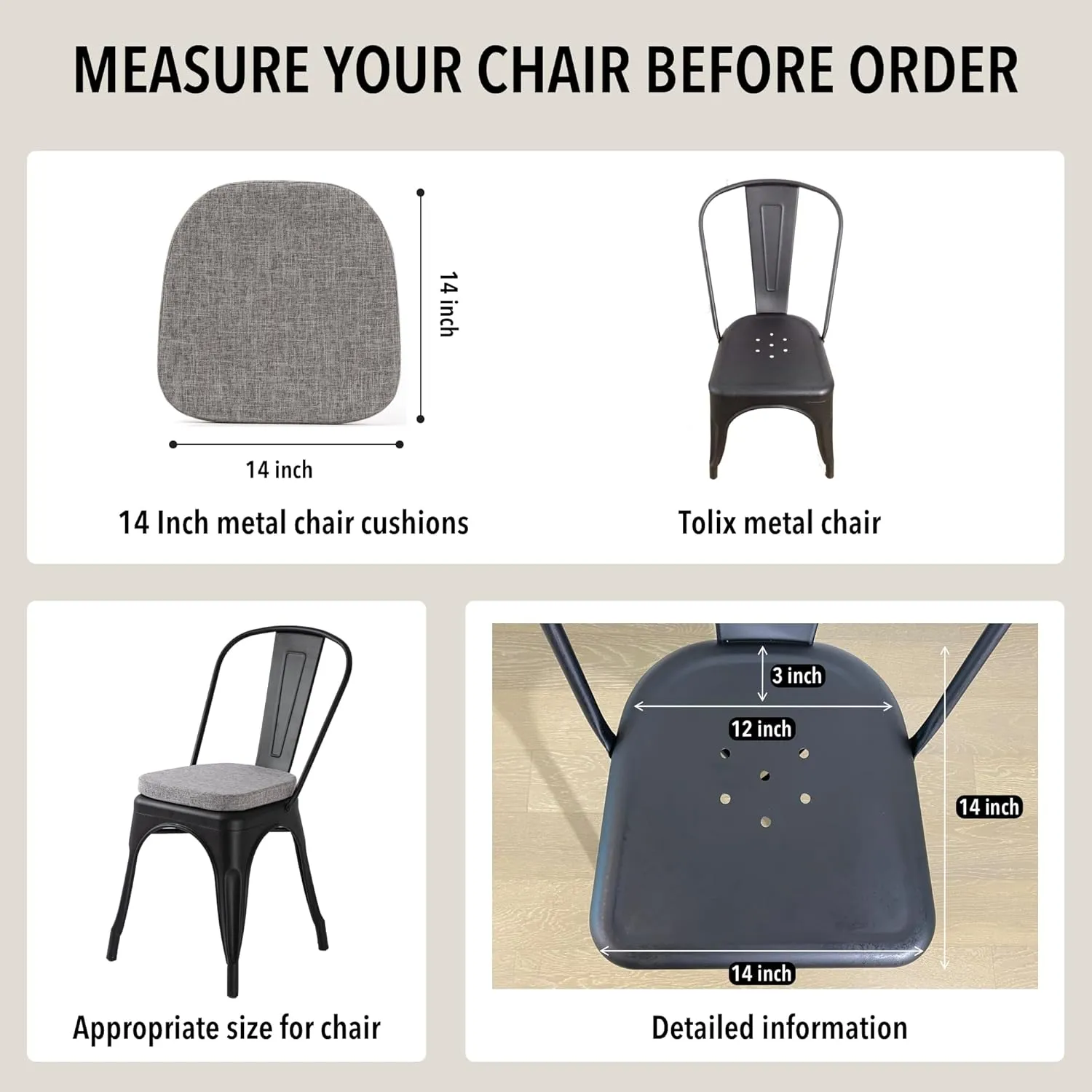 Tromlycs 14x14 Metal Chair Cushions Pads Set of 4 for Tolix Metal Chairs Small Seat Cushions 14 inch Grey